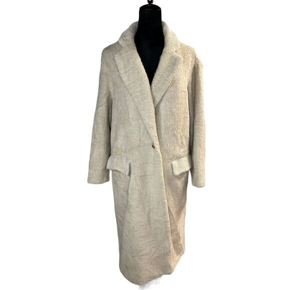 Zara Double Breasted herringbone print Beige Lapels Coat Medium - Picture 2 of 12